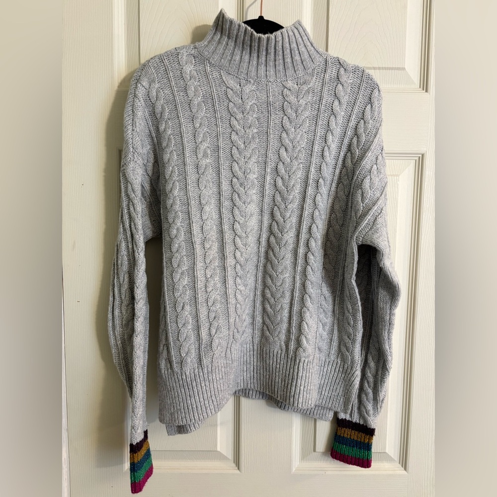 Boden Light Gray Cable Knit Wool Blend Turtleneck Sweater with Color-Strip Cuffs